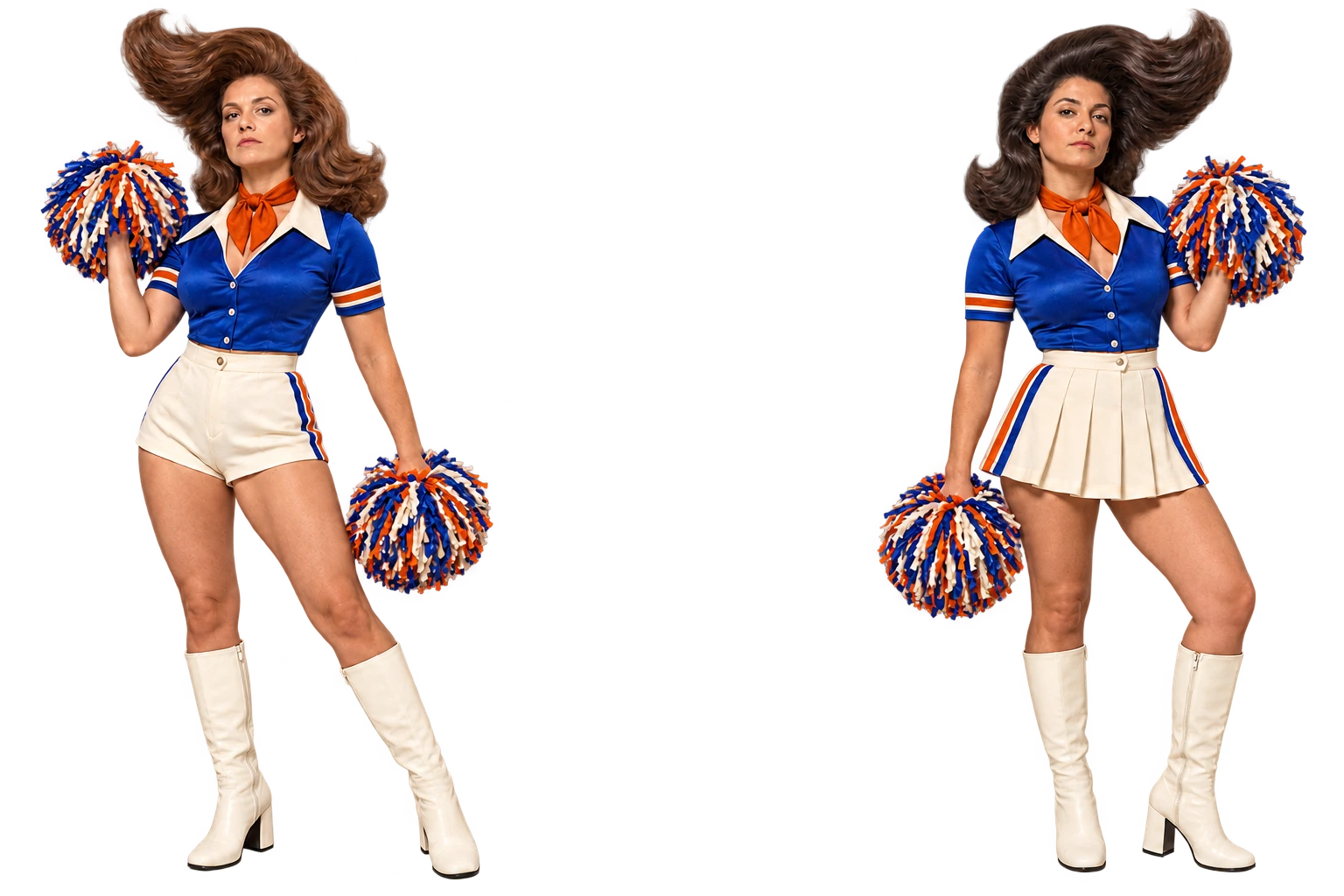 Two adult cheerleaders with exaggerated retro hair and blue and ivory uniforms, holding pom-poms behind Vito.
