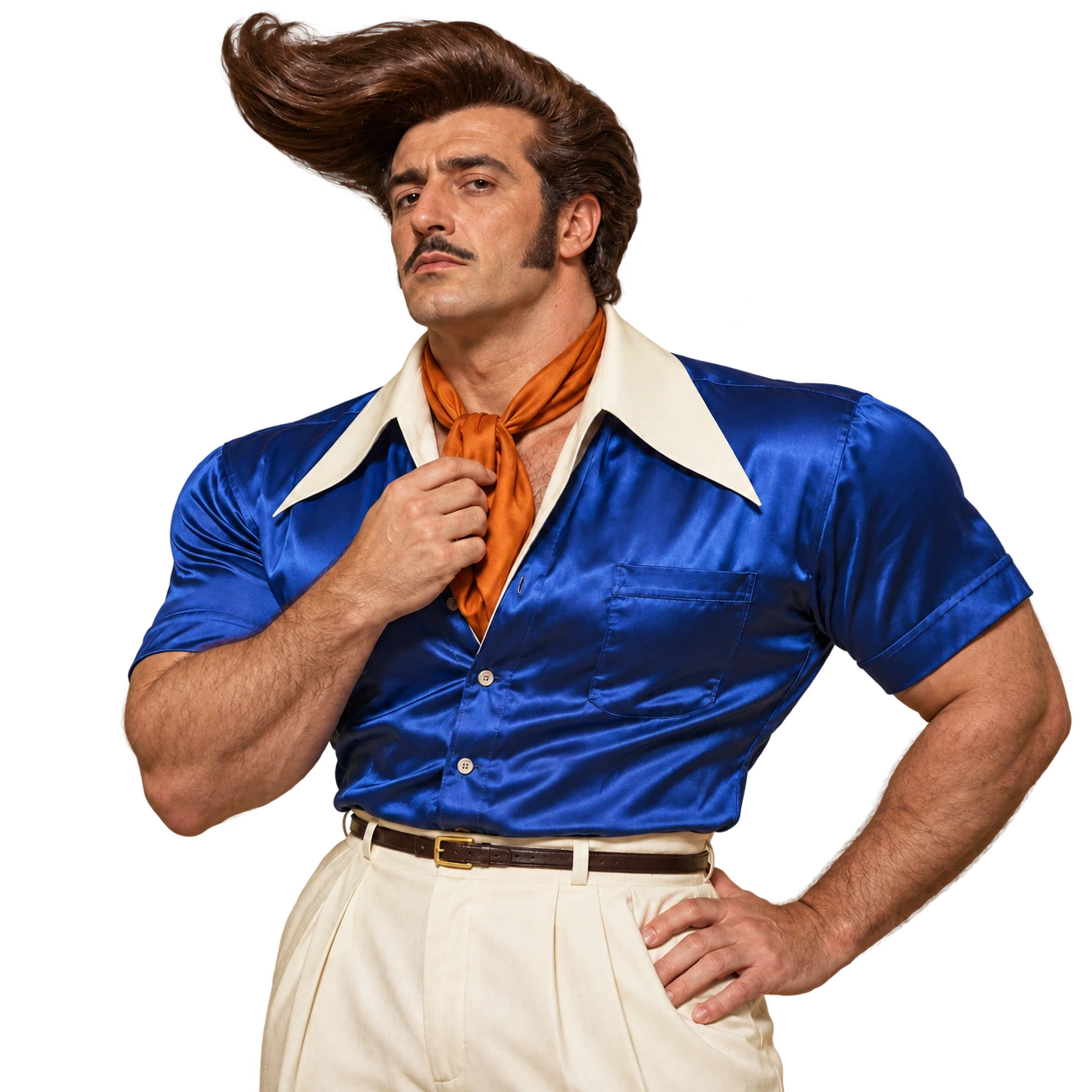 Vito with his enormous swept hair, blue satin shirt and orange cravat.